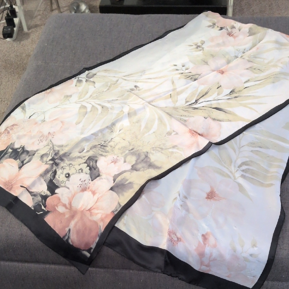 Floral Silk Scarf with Black Trim